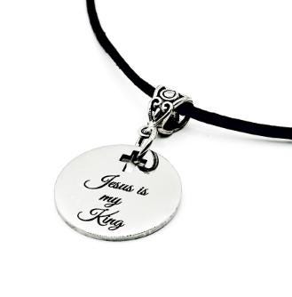 Jesus Is My King Leather Cord Necklace Stainless Steel Engraved Pendant With Cross Cut Out Christian Jewelry Faith Gift For Men Women